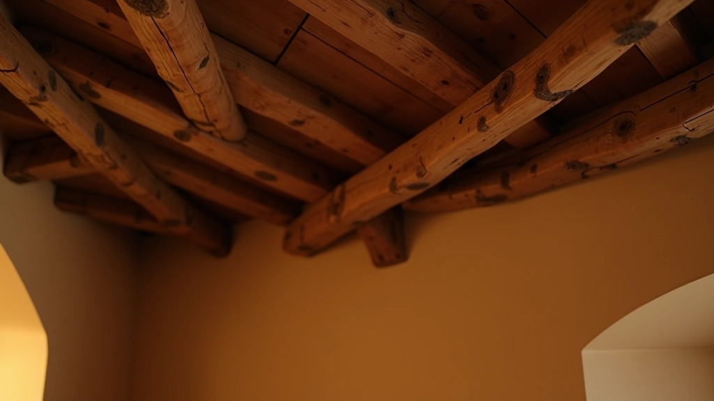 Dettaglio di travi in legno massello con patina scura, texture del legno invecchiato naturalmente, finitura opaca