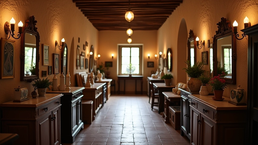 Interno di un mercatino dell'antiquariato con esposizione di mobili vintage, specchi e accessori toscani
