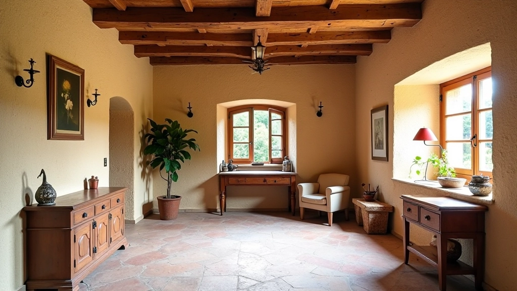 Interno di casale toscano con travi in legno e pietra a vista