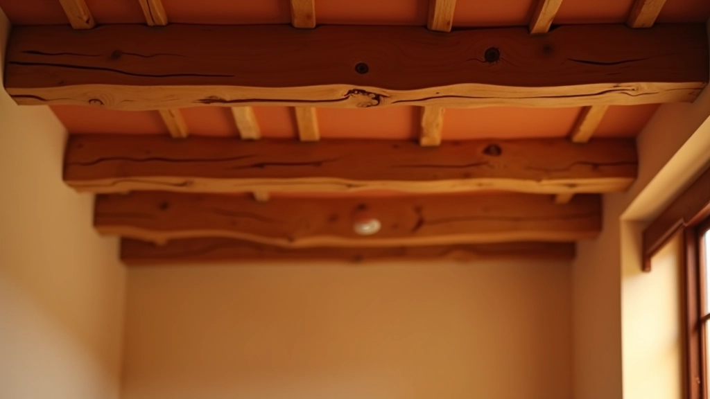 Dettaglio delle travi in legno scuro e soffitto in terracotta, illuminazione calda che evidenzia le textures naturali