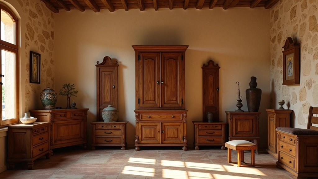 Collezione di mobili vintage in legno noce e ciliegio disposti in uno spazio luminoso, viste dall'alto