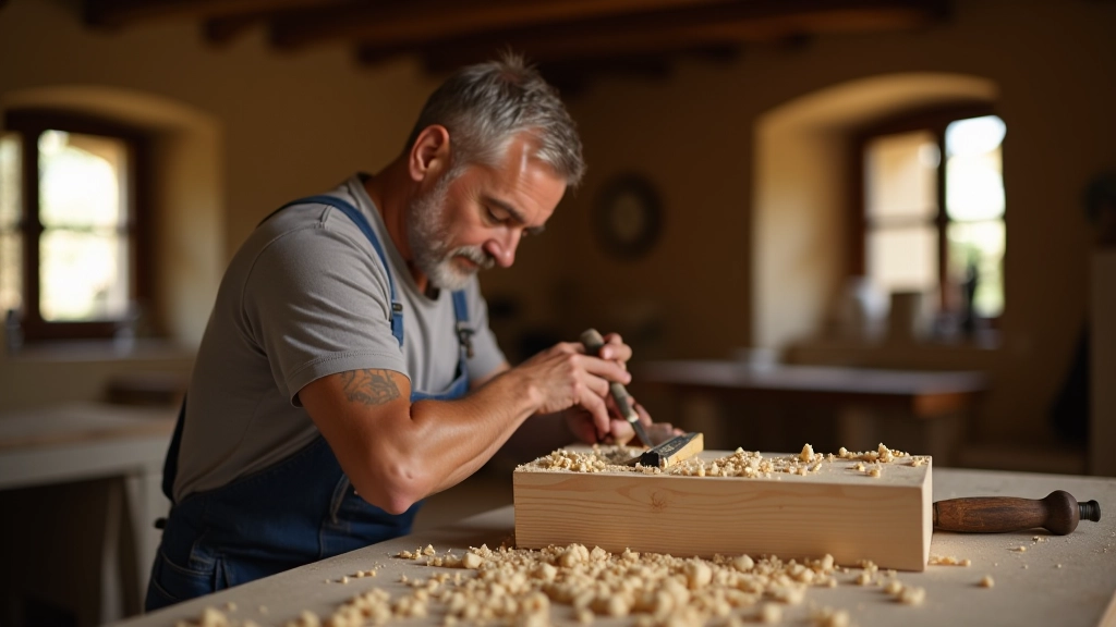 Processo di restauro manuale di una trave in legno, artigiano che utilizza strumenti tradizionali, polvere di legno visibile