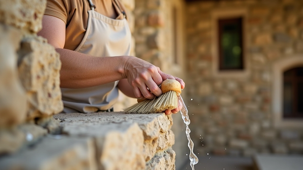 Operaio che pulisce un muro in pietra calcarea con spazzola morbida e acqua, processo di restauro conservativo