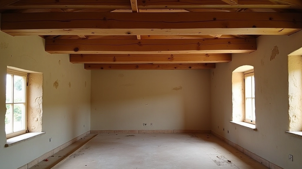 Installazione di travi nuove in stile toscano, confronto tra legno nuovo e legno invecchiato naturalmente, ambiente di cantiere