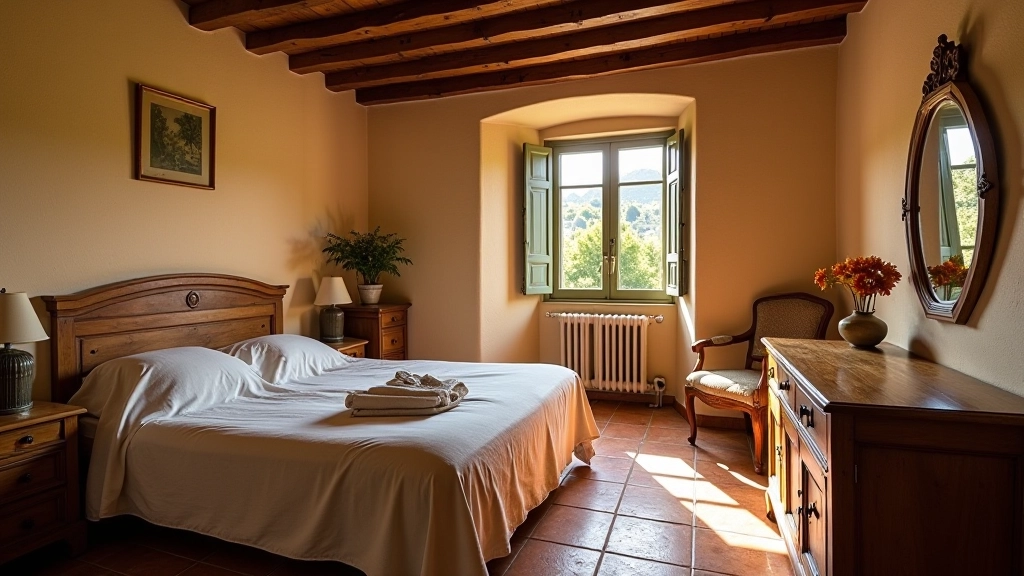Stanza rustica con arredamento vintage in legno, cotto toscano e tessuti naturali