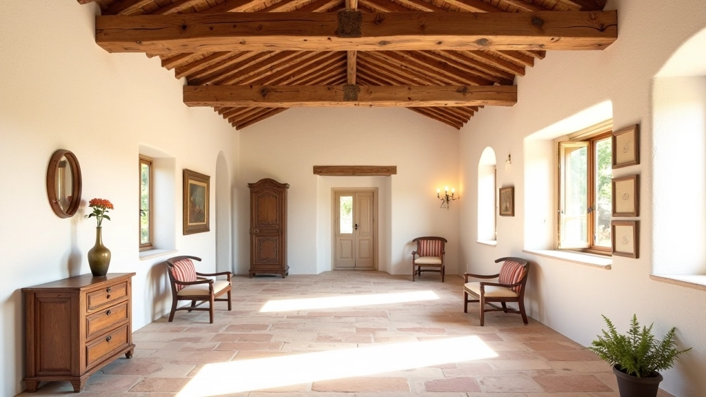 Interno rustico con travi in legno massello e muri in pietra naturale bianca