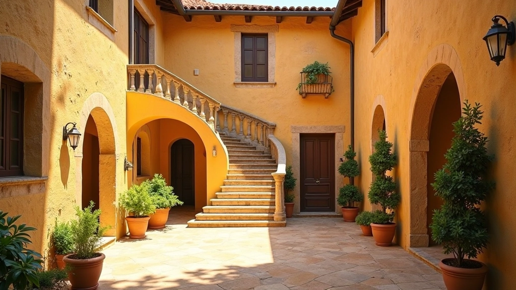 Cortile interno di un casale toscano restaurato con pietra color miele, finestre arcuate e scala in pietra