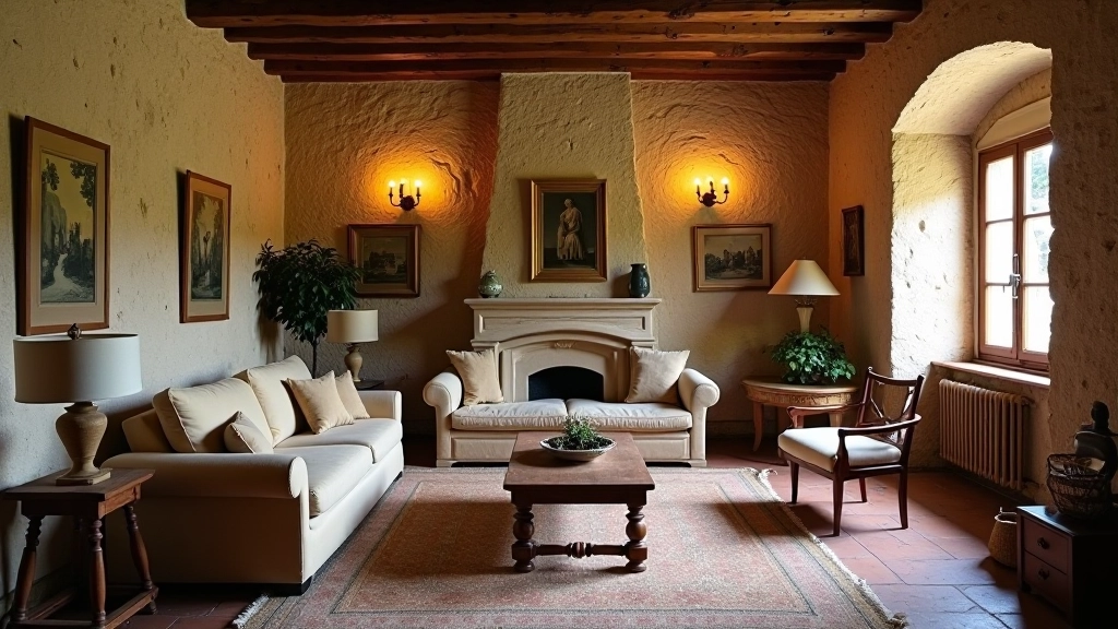 Salotto rustico toscano con mix di mobili vintage, pietra a vista e illuminazione naturale dalle finestre