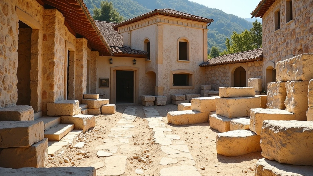 Interno di una cava di pietra con blocchi naturali estratti e accatastati, macchinari da estrazione in background