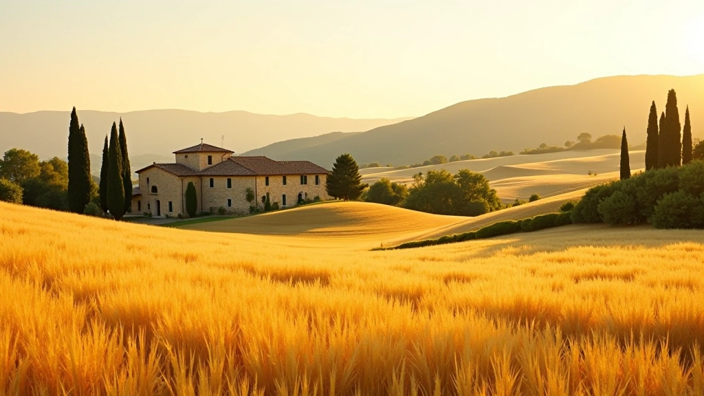 Fattoria toscana con campo di grano dorato, alberi di cipressi e costruzione in pietra