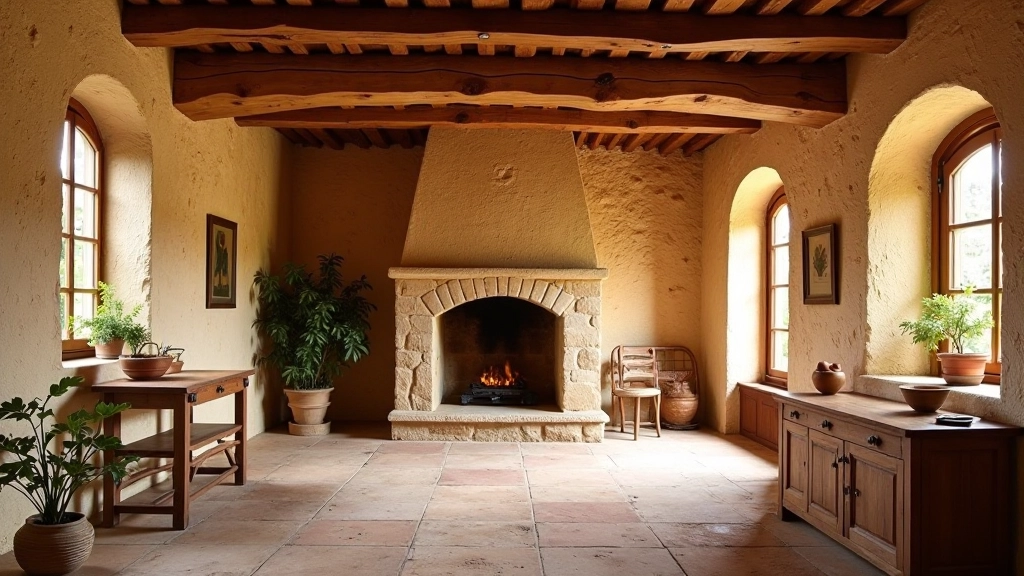 Interno rustico toscano con travi in legno a vista e pareti in pietra