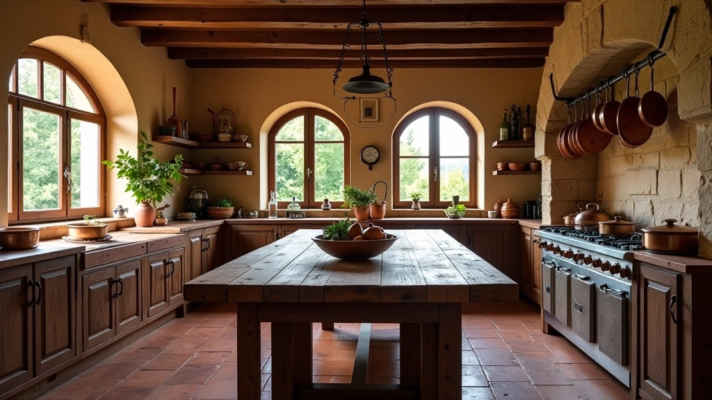 Cucina in stile casale toscano con tavolo di legno massiccio, pentolame di rame appeso, finestre ad arco e pavimento in cotto