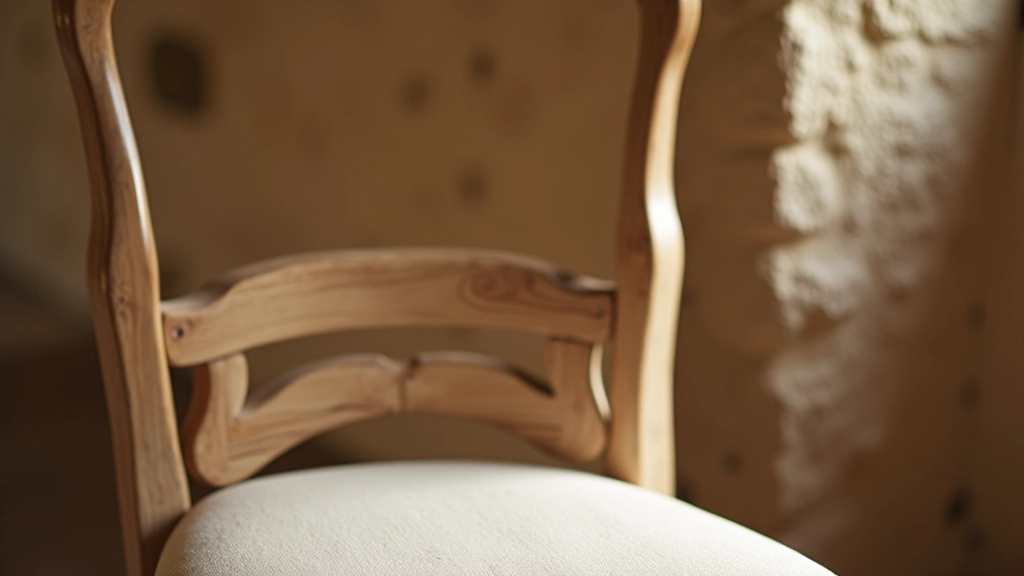 Dettaglio di una sedia in legno massello con tessuto vintage beige su sfondo rustico toscano