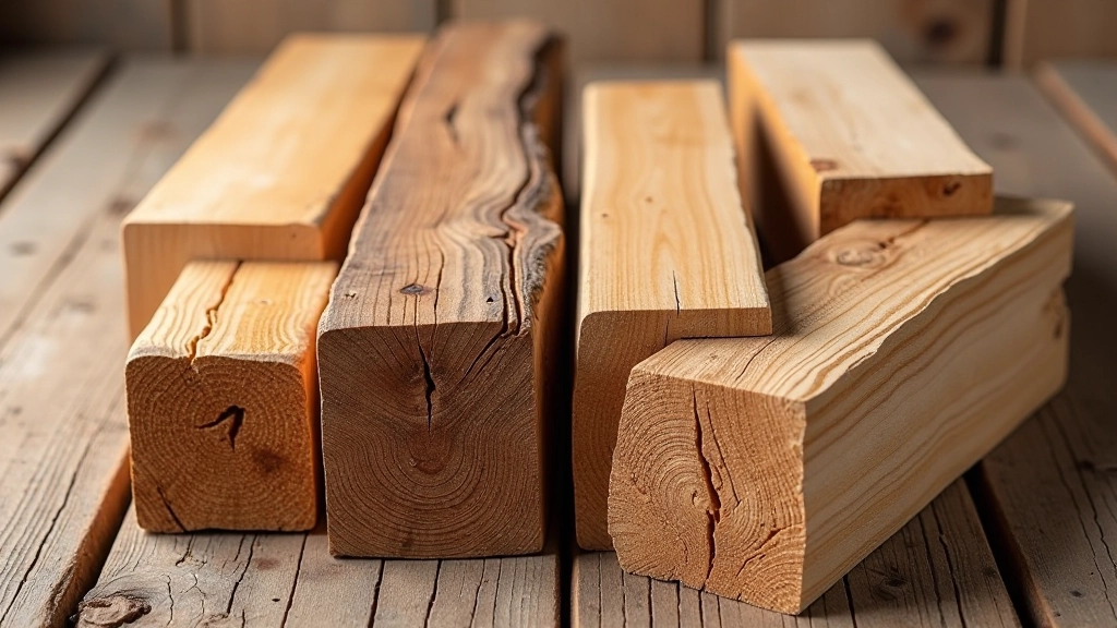 Variet√† di sezioni trasversali di travi in legno, campioni storici di diversi periodi, disposizione didattica su superficie di legno